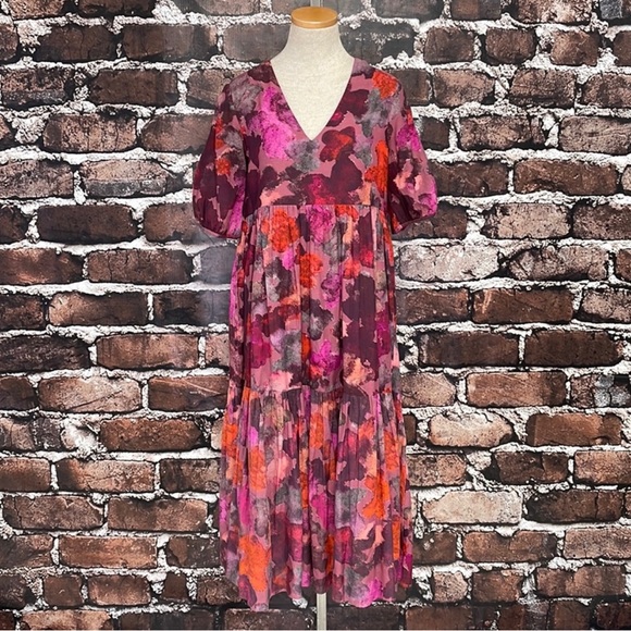 Anthropologie Samant Chauhan Dress Clemencia Midi Red Pink Floral Tiered Small - Picture 6 of 6